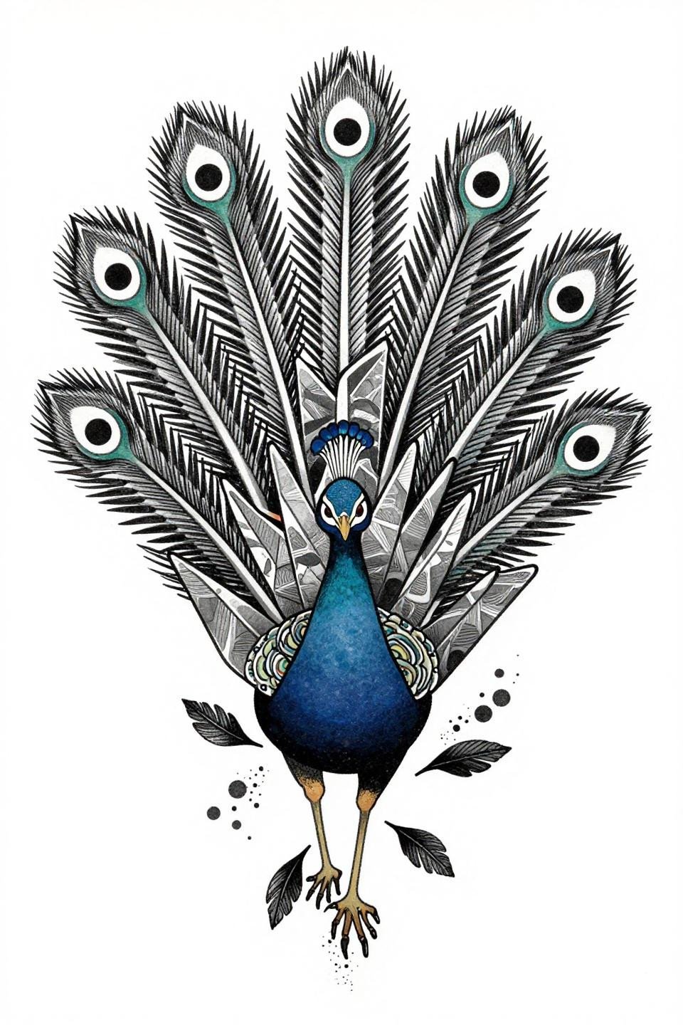 minimal mehndi designs frontal peacock Japanese irezumi flash, seven triangular tail segments dense parallel line engraving, solid dot eye, grey wash dilution midtones, centered vertical composition