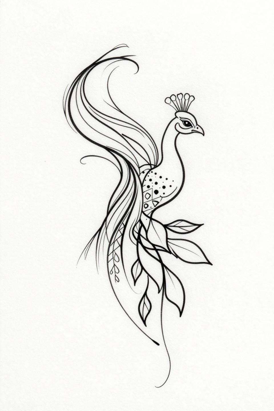 minimalistic mehndi designs peacock continuous single line flash, hairline 0.5mm unbroken stroke, abstract tail flourish, geometric dot cluster chest, botanical vine angular leaf motifs, no fill