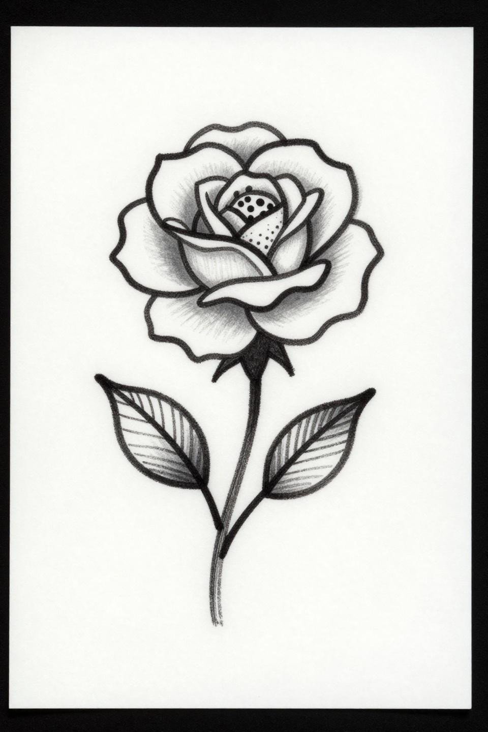 minimal mehendi designs rose flash, sketch raw style, bold outlines visible pen pressure variation, flat ink fills, parallel hatching leaf accents with grey wash