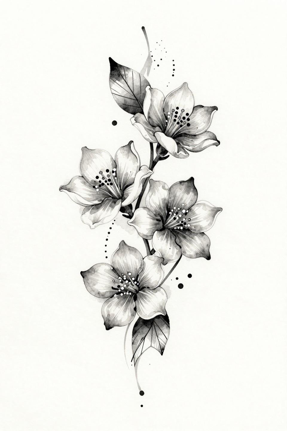 minimal mehendi designs watercolor flash, calligraphic brush marks, wet bleed diffusion petal edges, vertical jasmine trio vine thread connection, grey wash dilution midtones