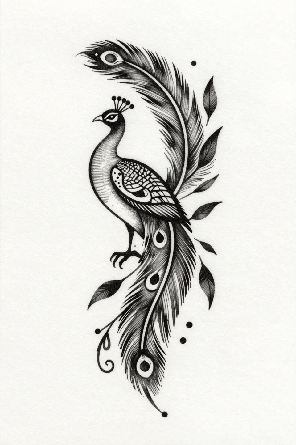 minimal henna designs peacock profile etching woodcut flash, parallel horizontal engraving lines, open negative space tail feathers, asymmetric vine tendrils, grey wash dilution midtones