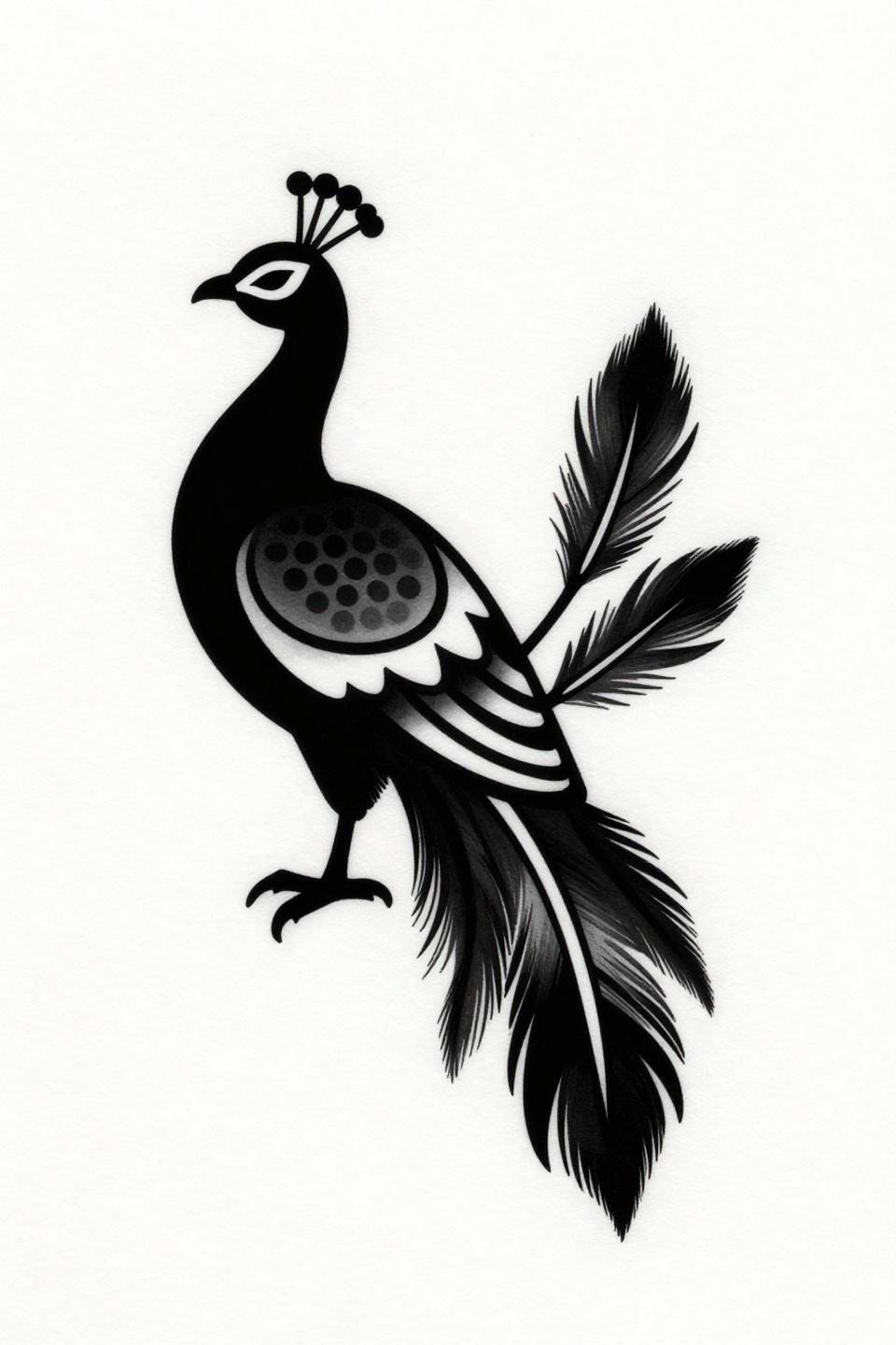 simple modern mehndi designs peacock sak yant style flash, bold 2-3pt outlines flat black fills, three tail feathers closed negative space cutouts, bilateral symmetry, solid dot cluster eye