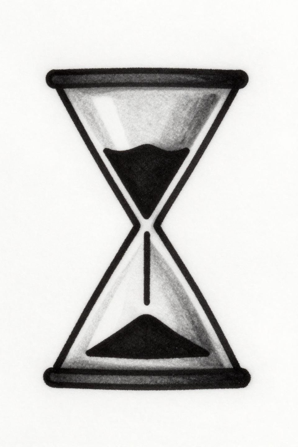 minimal tattoo art deco hourglass flash, two stacked triangles solid black fill, bold 2-3pt outlines, hairline horizontal bisecting line, sharp angular precision, grey wash midtones