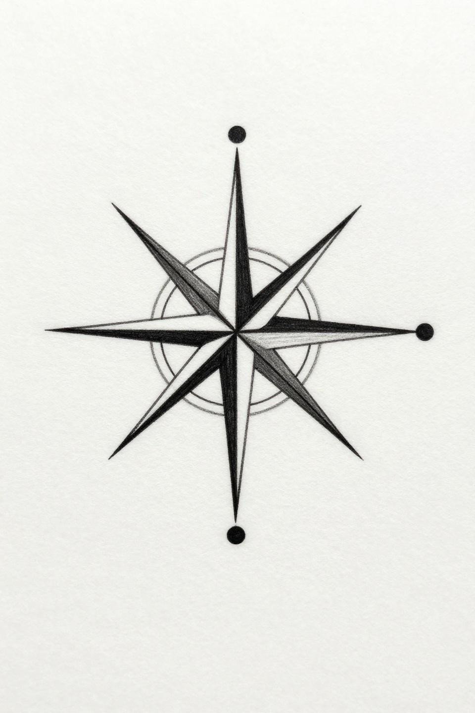 minimal tattoo compass star fine line flash, solid anchor dot center, two perpendicular hairline axes extending to cardinal points, precise symmetrical geometry, 0.5mm linework