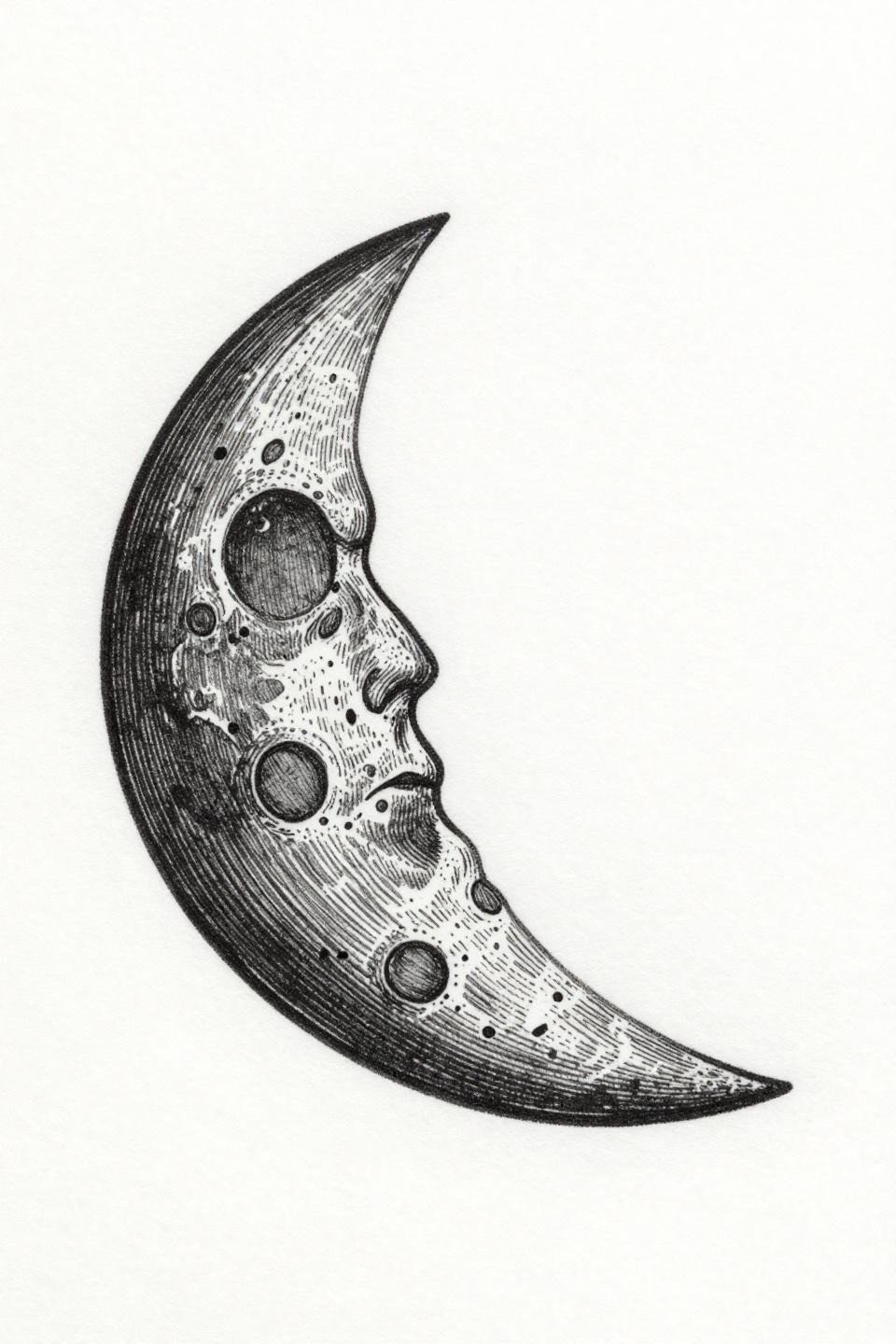 minimal tattoo crescent moon etching flash woodcut style, parallel line crosshatch interior fill, dense engraving shading, no open negative space inside form, grey wash midtones