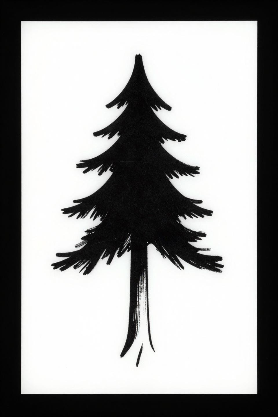 minimal tattoo geometric pine tree flash tribal style, three stacked solid black triangles decreasing upward, hairline vertical trunk, bold 2-3pt outlines flat black fills, no grey wash