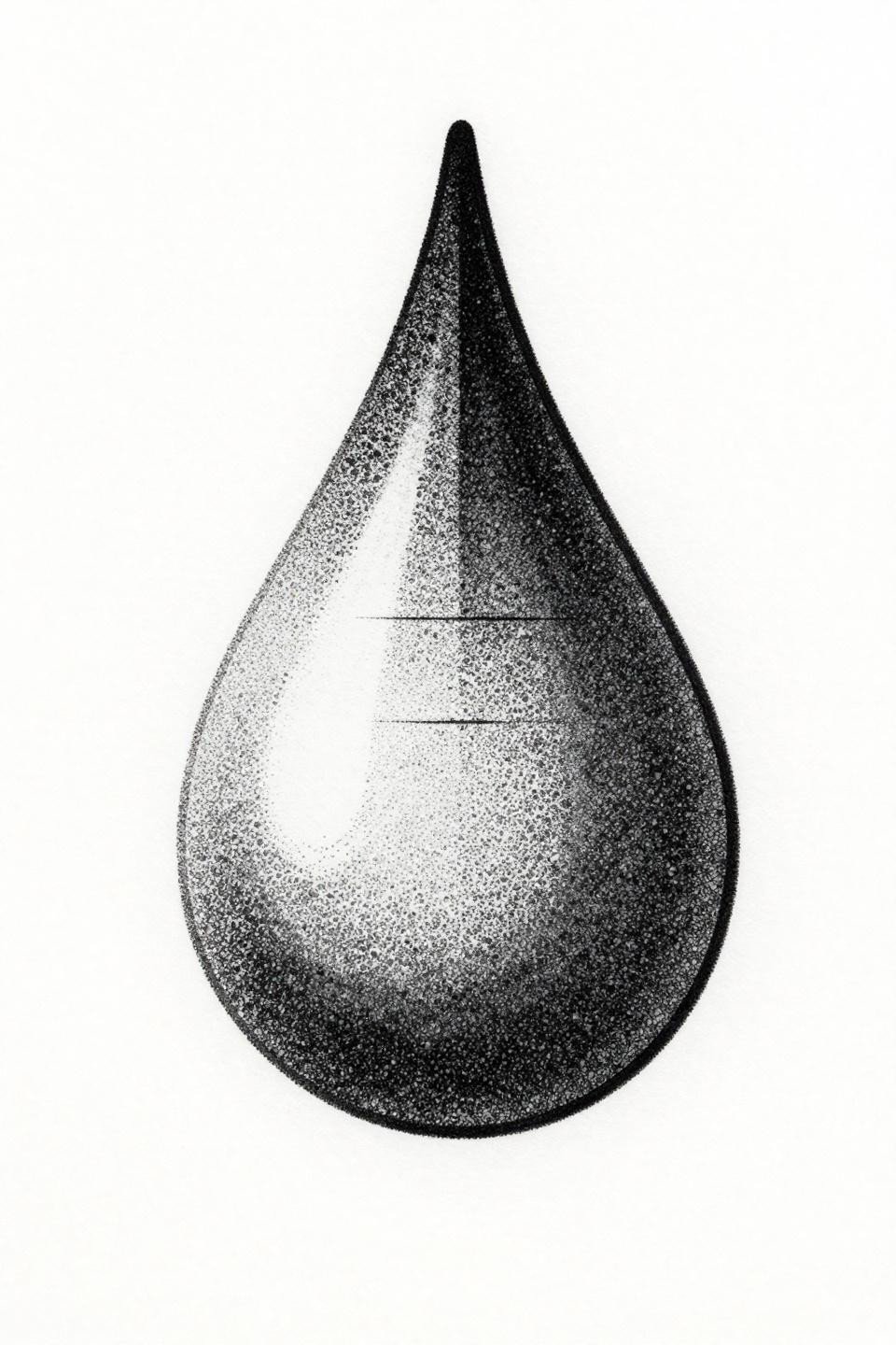 minimal tattoo geometric teardrop dotwork flash, stipple dot dense clusters solid fill, hairline horizontal bisecting line, negative space division, grey wash midtones