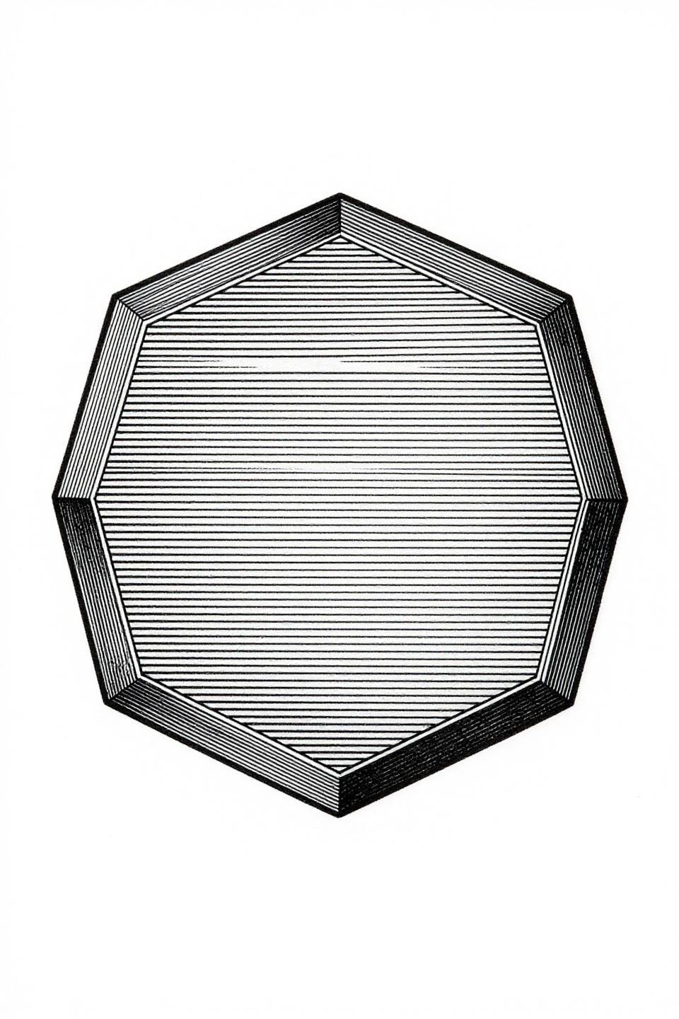 minimal tattoo hexagon engraving flash, dense uniform parallel horizontal line fill, hairline 0.5pt border, ruled line interior shading, architectural graphic weight
