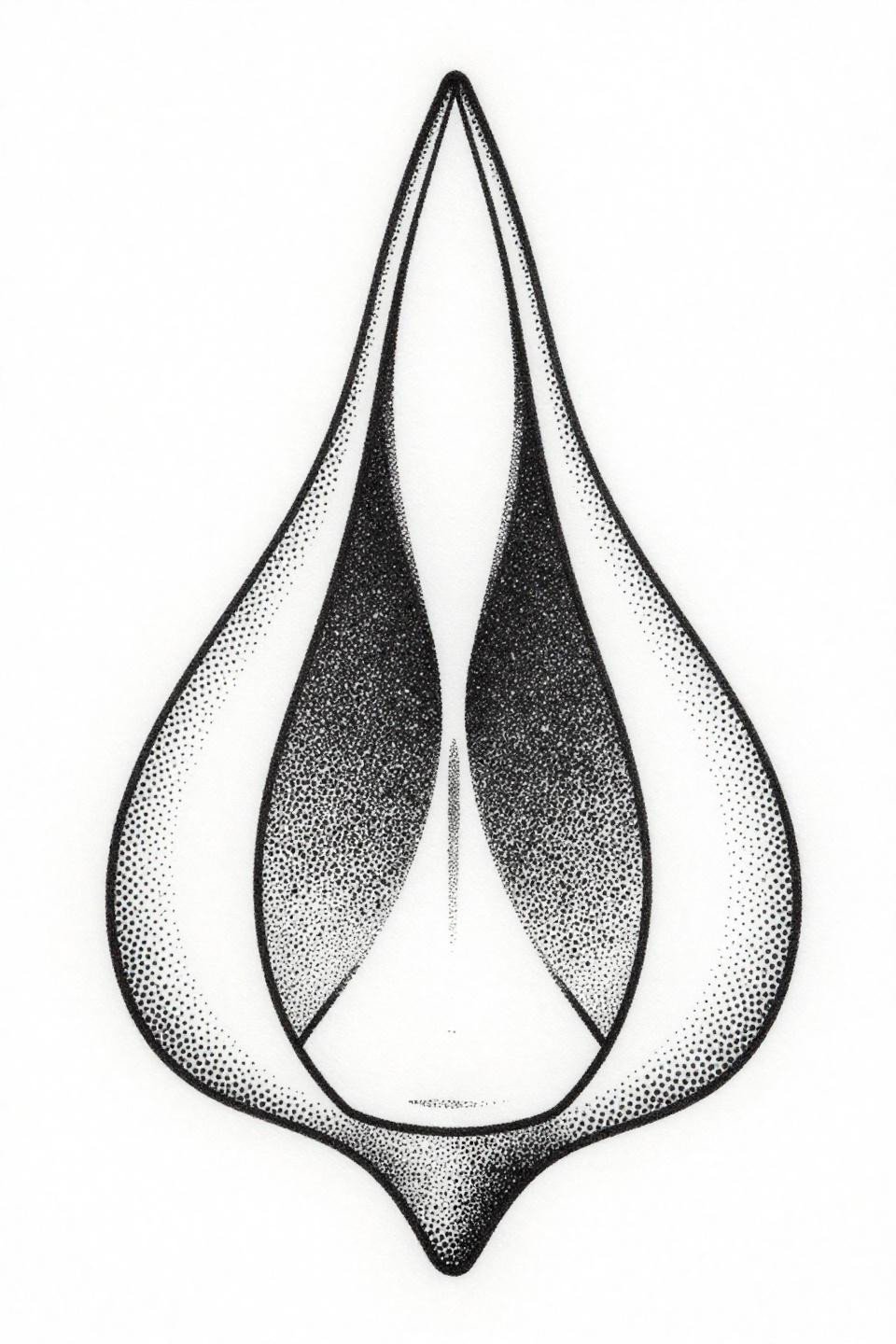 minimal tattoo blackwork dotwork hourglass flash, pure stipple dot construction, dense center pinch gradient fading to open negative space, no outlines