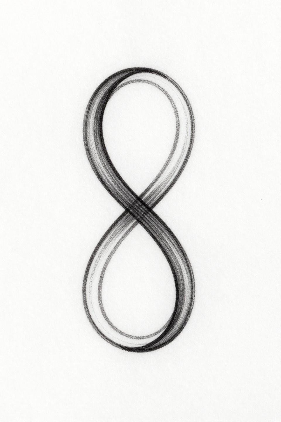 minimal tattoo vertical infinity symbol single continuous line flash, one unbroken figure-eight hairline stroke, organic wave motion, asymmetric amplitude, zero fill, 0.5mm single-needle