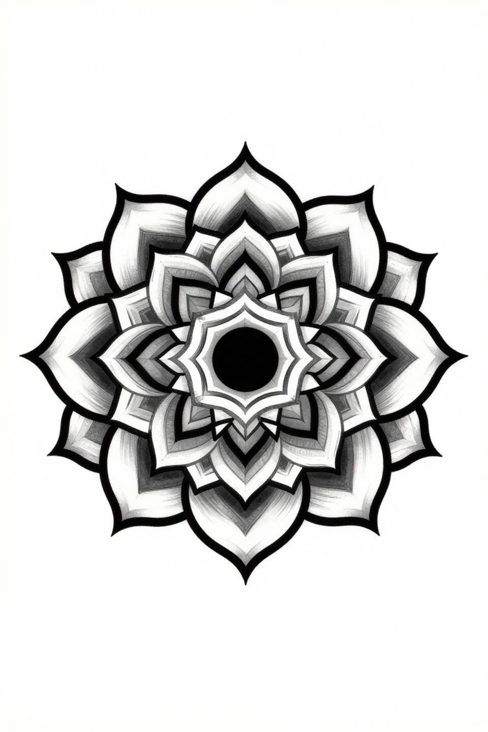 minimal tattoo geometric lotus mandala flash, compass-drafted radial symmetry, hairline contour petal layers, solid black center dot, open negative space fills
