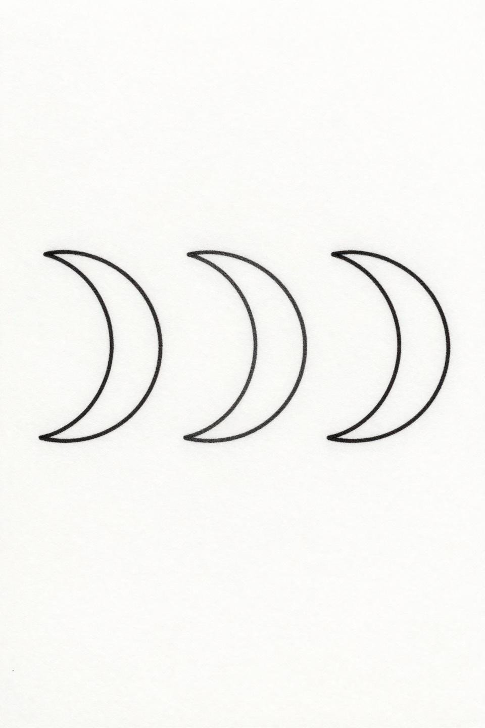 minimal tattoo moon phases single continuous line flash, three crescents progressing left to right in fullness, hairline 0.5mm single-needle contour, zero fill, open negative space, no grey wash