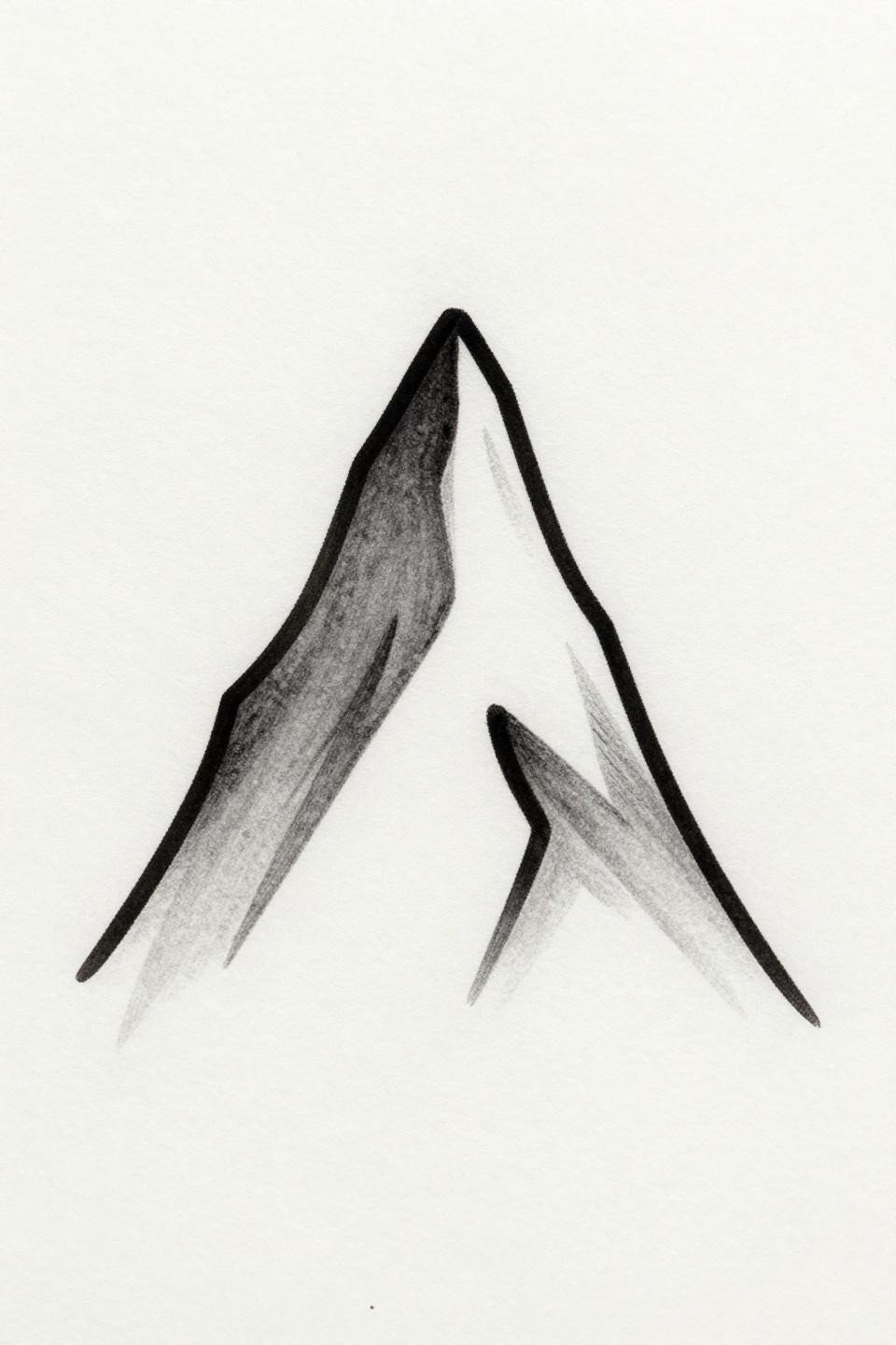 minimal tattoo fine line mountain peak flash, two hairline strokes converging at sharp apex, open negative space base, single-needle 0.5mm construction, grey wash midtones
