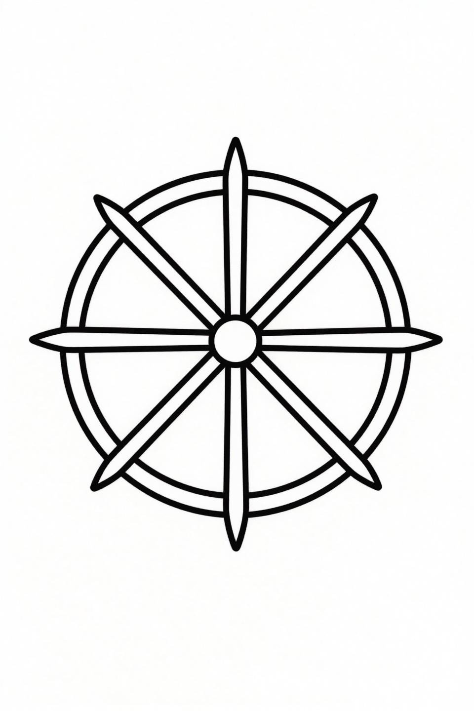 minimal tattoo geometric sun wheel flash, eight radial line segments at 45-degree intervals, compass-drafted circle, bold 2pt black outline, no fill no grey wash