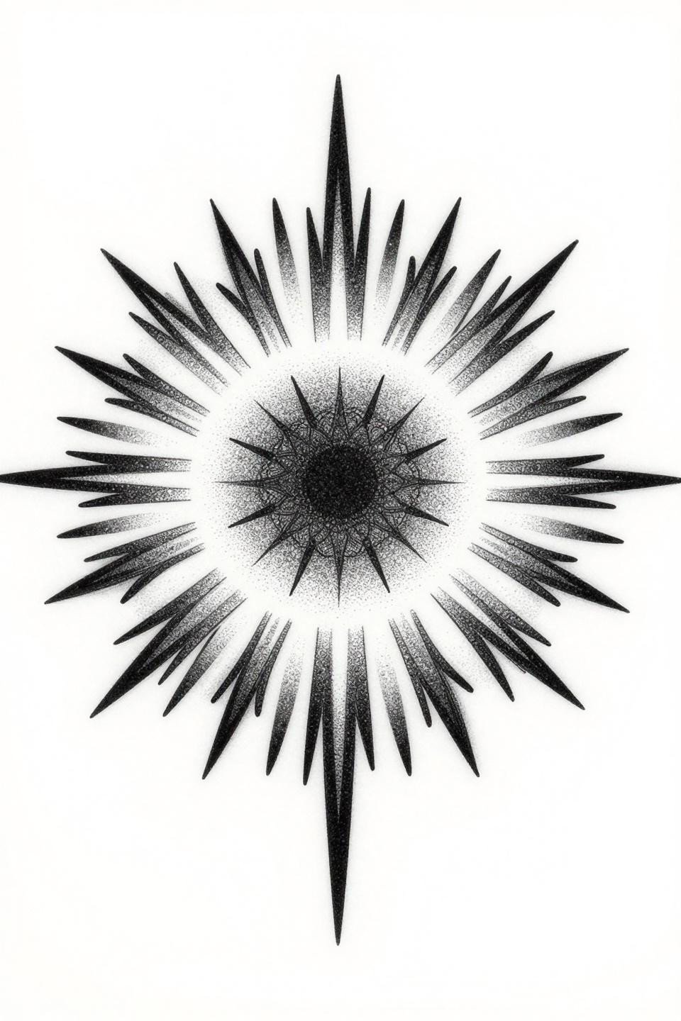 minimal tattoo blackwork dotwork sunburst medallion flash, radial ray segments, stipple dot gradient dense at center fading to open ray edges, grey wash midtones