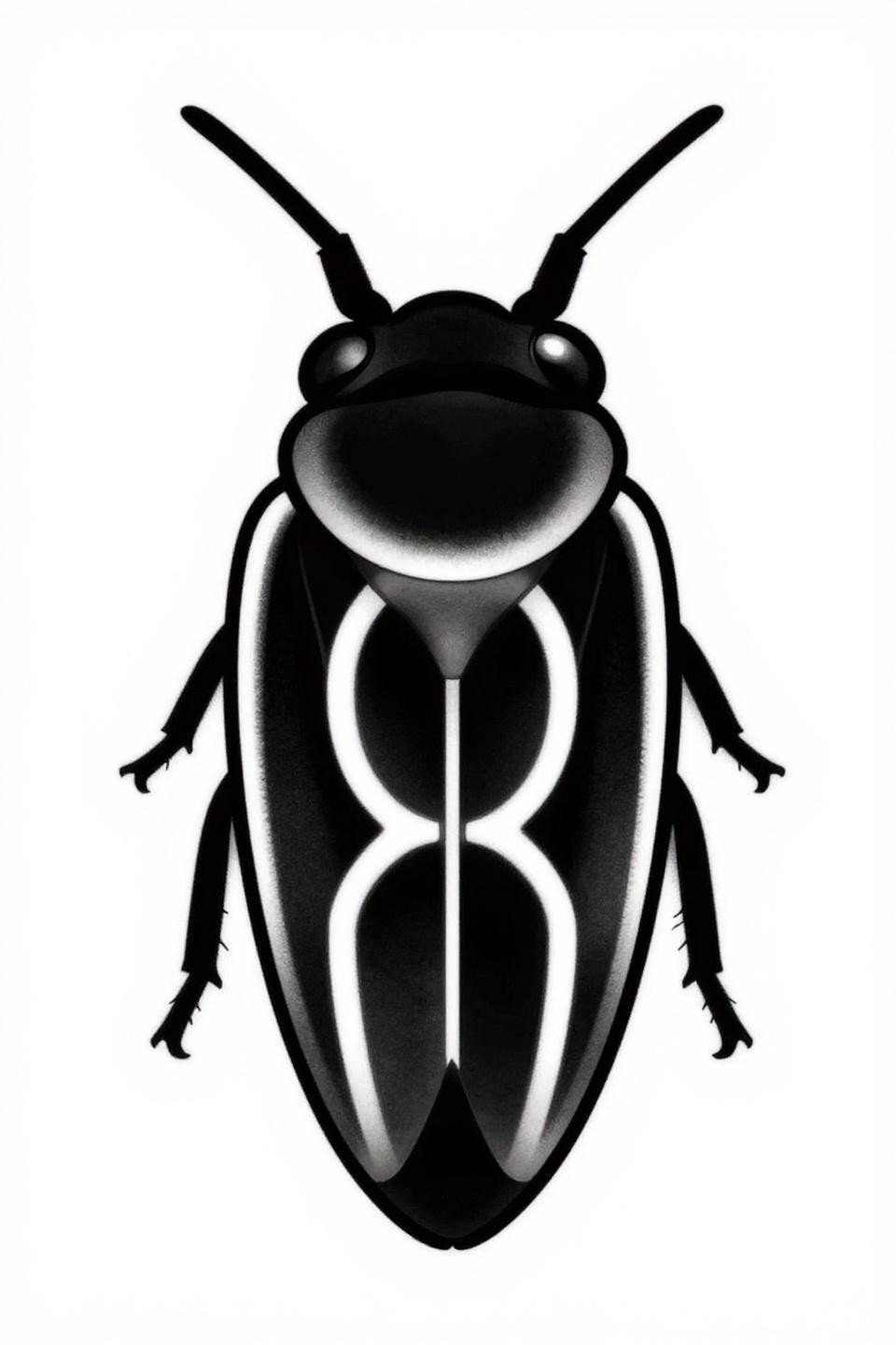 minimalist tattoo subtle cicada geometric flash, three stacked circles body, angular wing segments with negative space, bold 2-3pt black outlines flat fill, bilateral symmetry