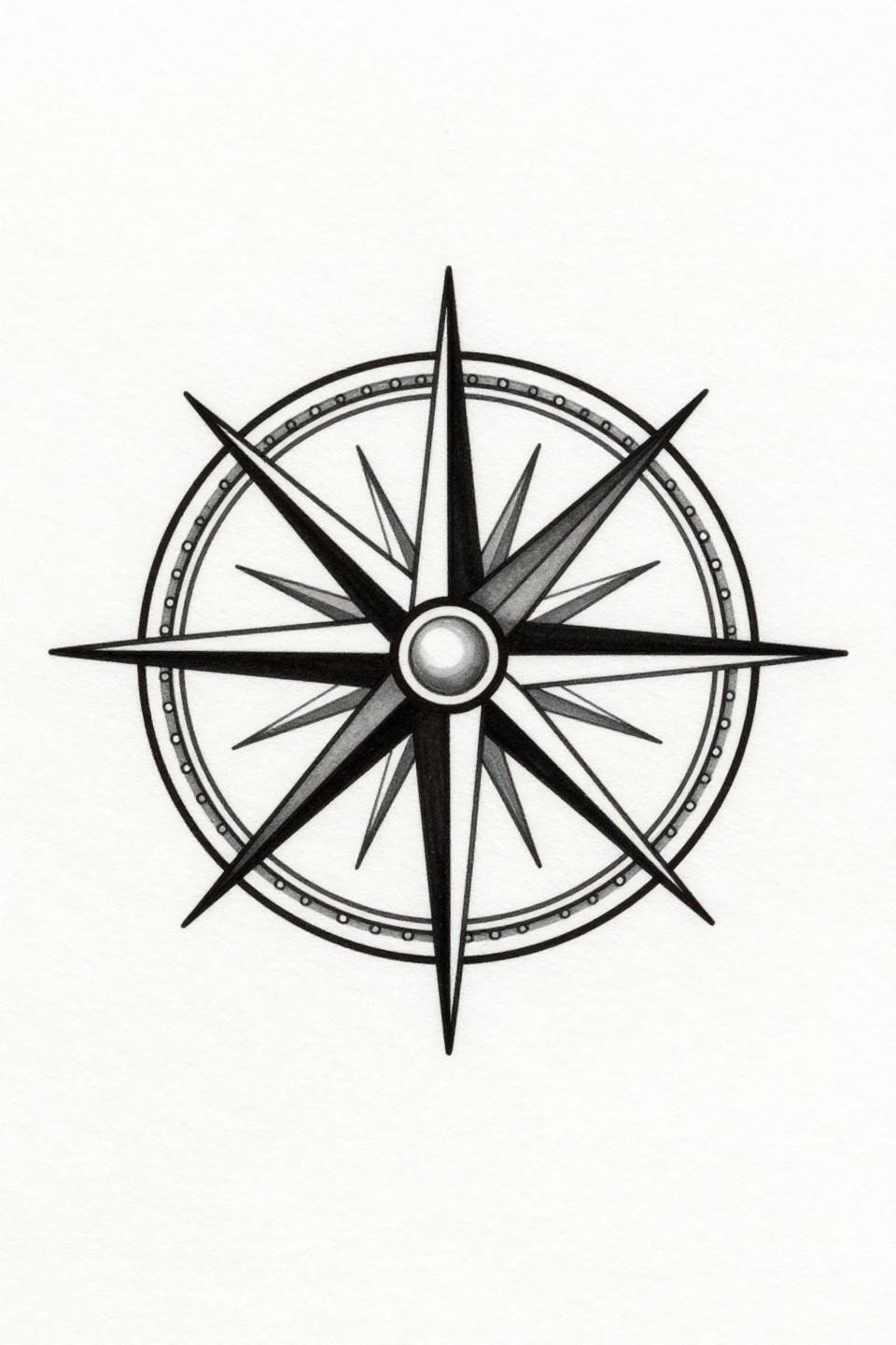 minimalist tattoo meaningful compass rose flash, four hairline spokes from filled center dot, dashed outer circle frame, compass-drafted radial symmetry, dense black ink on white