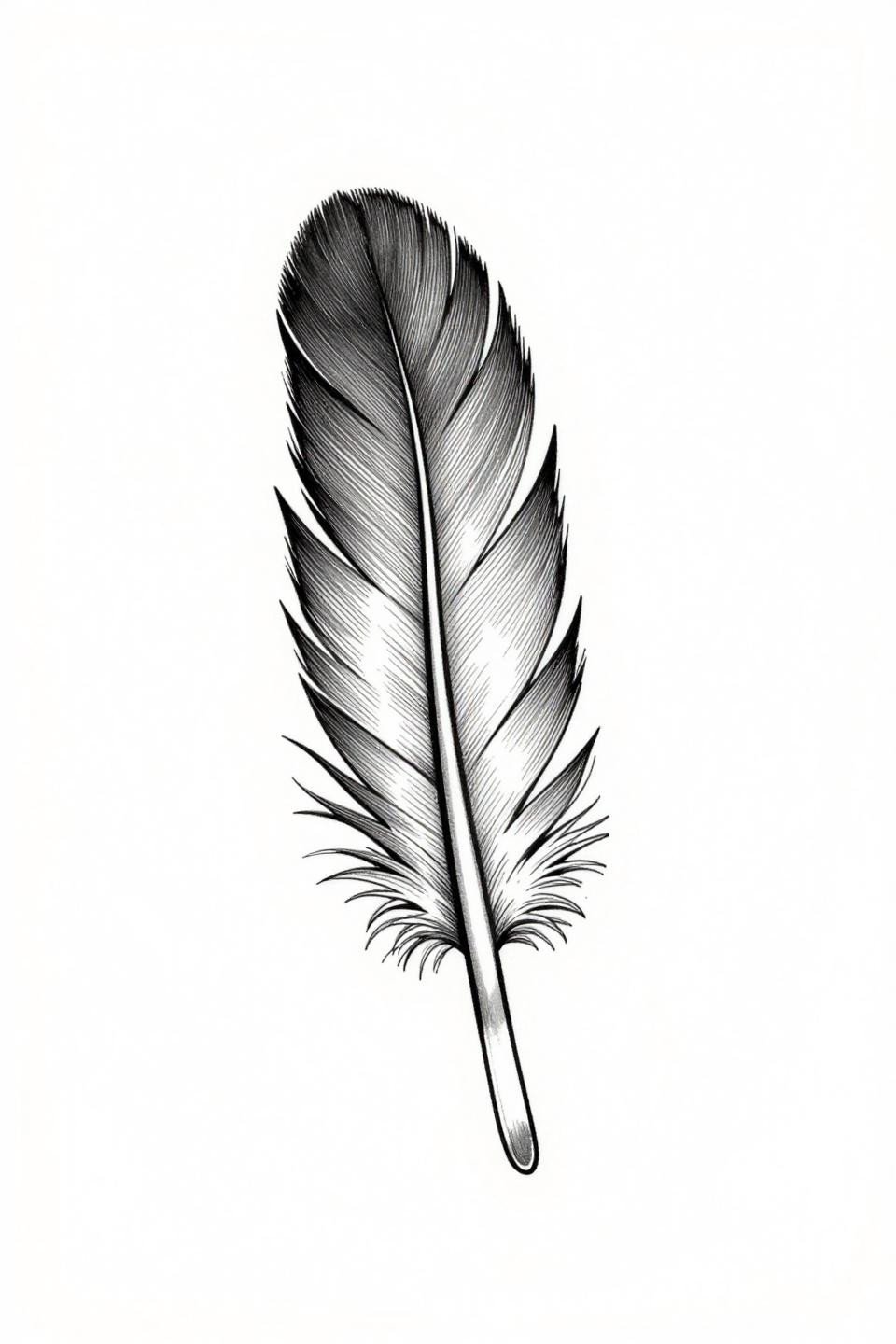 minimalist tattoo small tat feather fine line flash, single shaft with 5-7 organic barbs tapering to hairline points, asymmetric natural form, 0.5mm single-needle no fill
