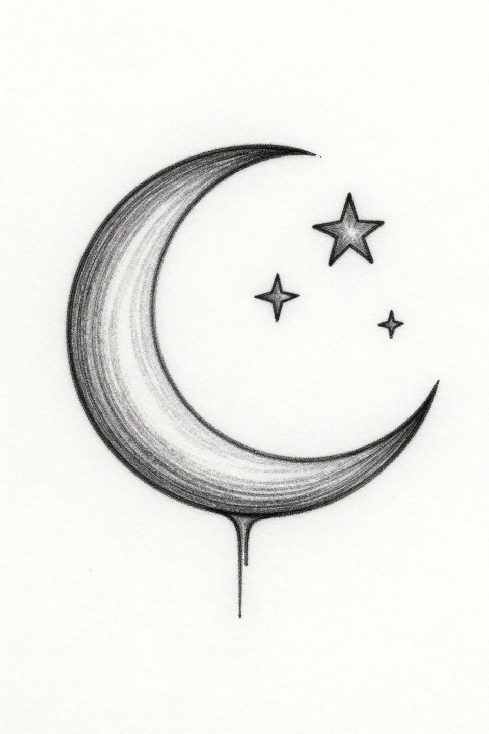 minimalist tattoo little tattoo crescent moon and stars fine line flash, single unbroken hairline stroke, three stars asymmetrically offset, 0.5mm single-needle, negative space dominant, no closed loops