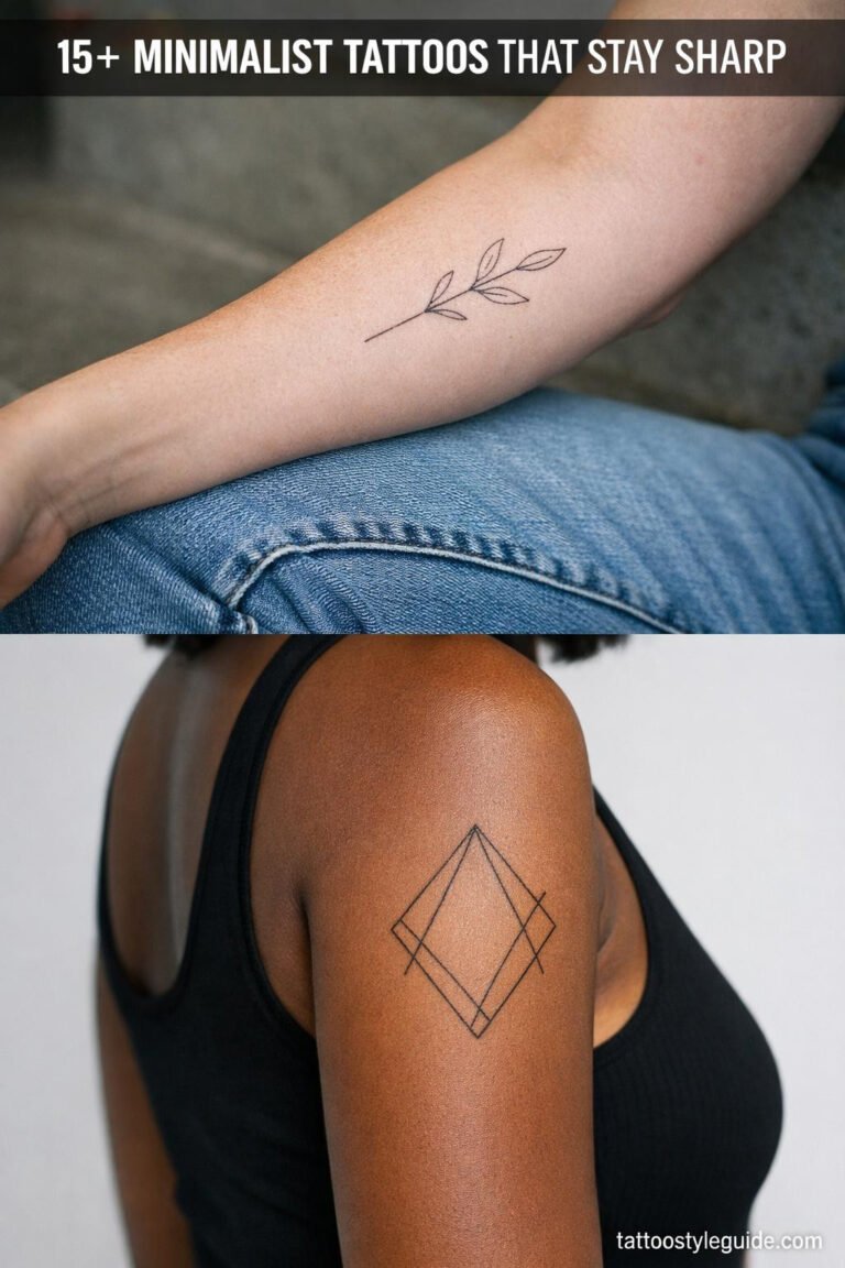 Minimalist tattoo two-panel collage, fine line botanical and geometric designs, 0.5mm hairline strokes, fair and deep brown skin tones
