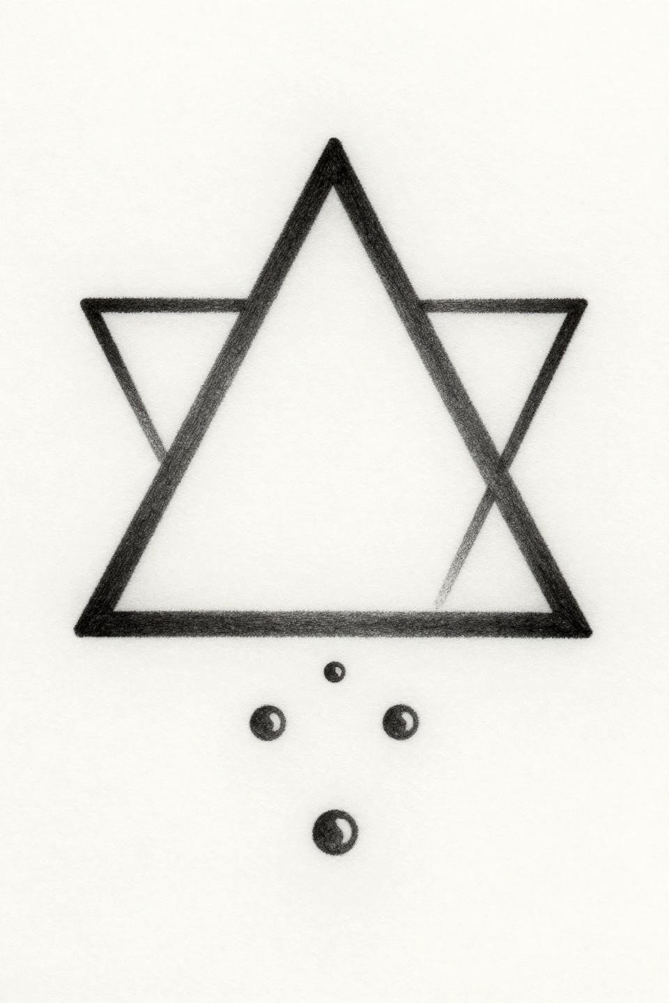 minimalist tattoo tiny tat with meaning geometric hourglass flash, two equilateral triangles apex to apex, five circles on vertical axis as sand grains, 0.5mm hairline compass-drafted geometry