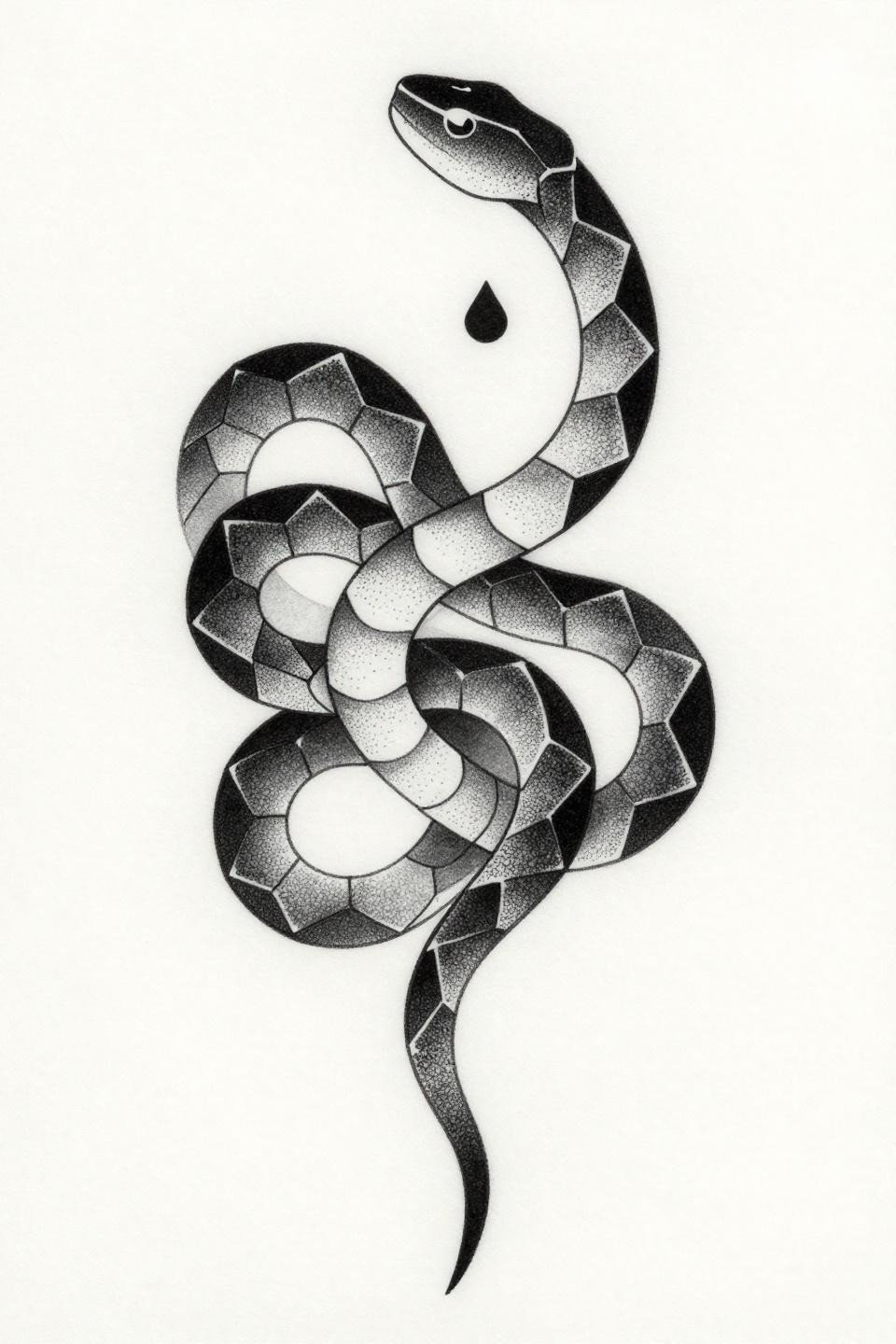 minimalist tattoo small fineline geometric snake flash, blackwork dotwork, diamond head with hexagonal segments, stipple gradient dense at core open at edges, no solid outline