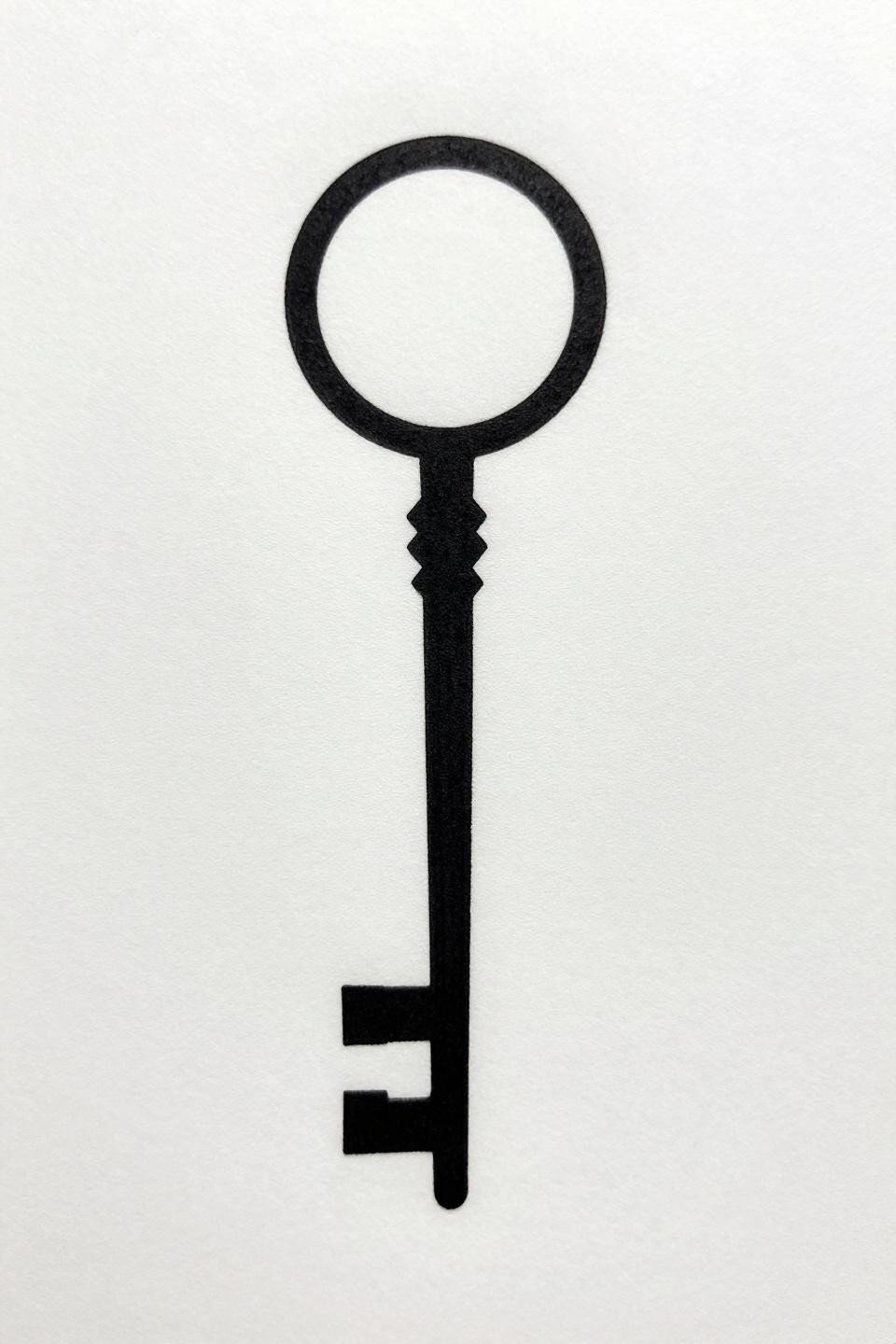 minimalist tattoo little tattoo key motif flash, bold 2-3pt black outline, flat black fill, bilateral vertical symmetry, closed geometric forms, dense black ink