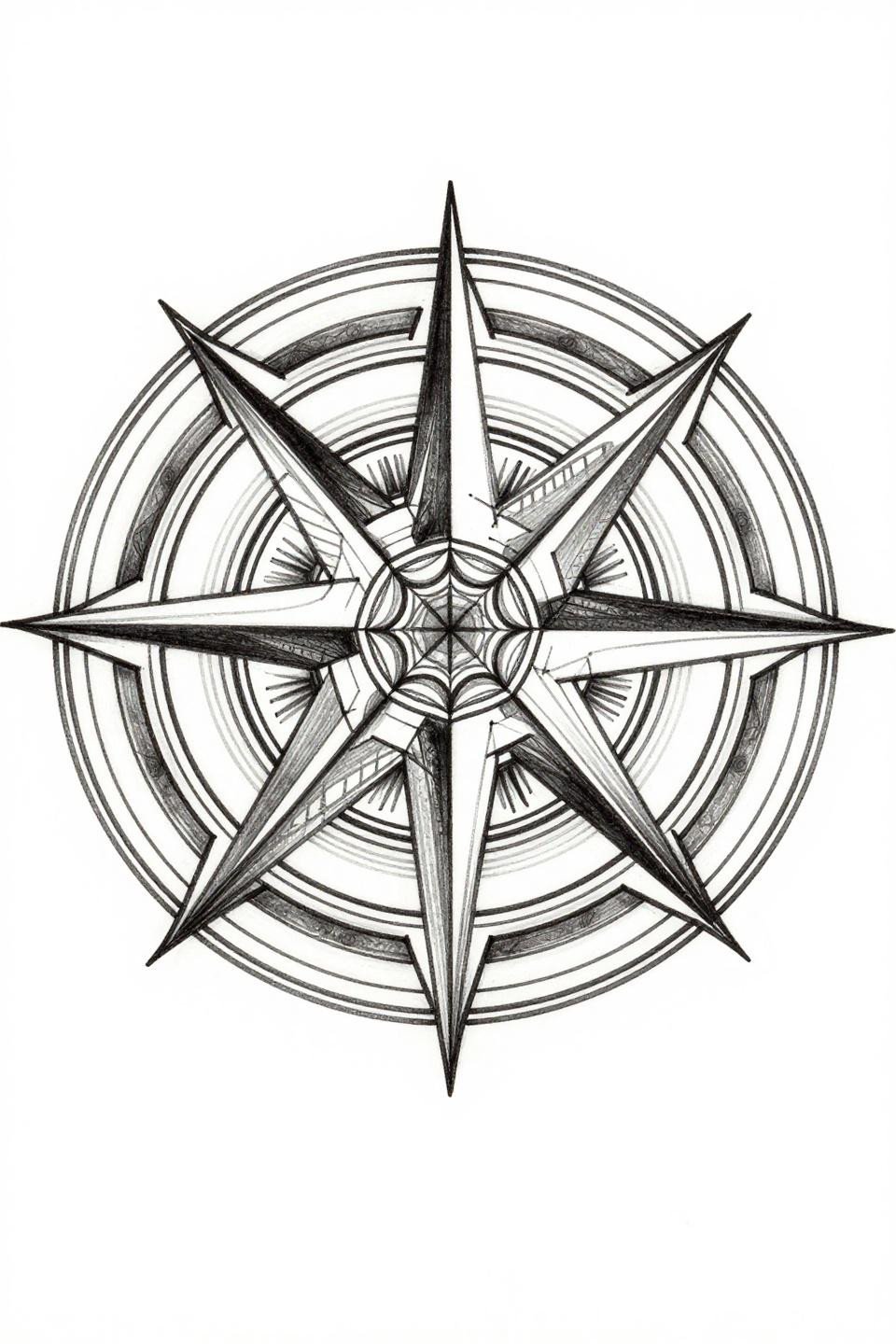 minimalist tattoo fine line art deco mandala flash, concentric circles alternating thin and thick weights, central hexagon with radiating triangular petals, compass-drafted radial symmetry, grey wash midtones
