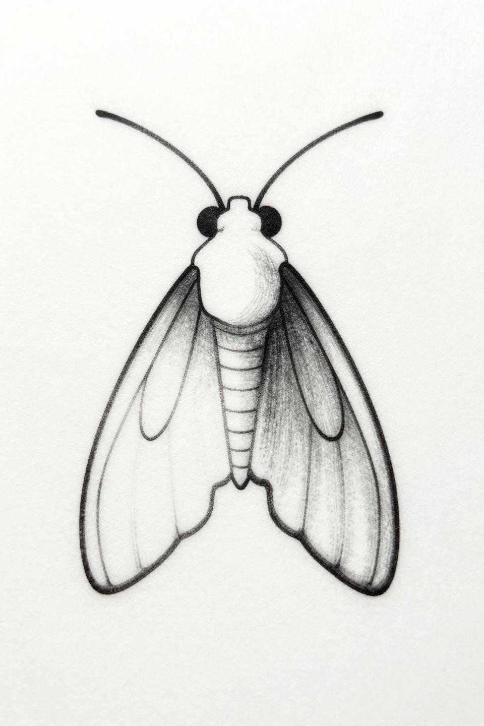 minimalist tattoo small aesthetic moth flash, single continuous line style, two overlapping circles as body, wing silhouette in negative space, 0.5mm hairline single-needle, no fill