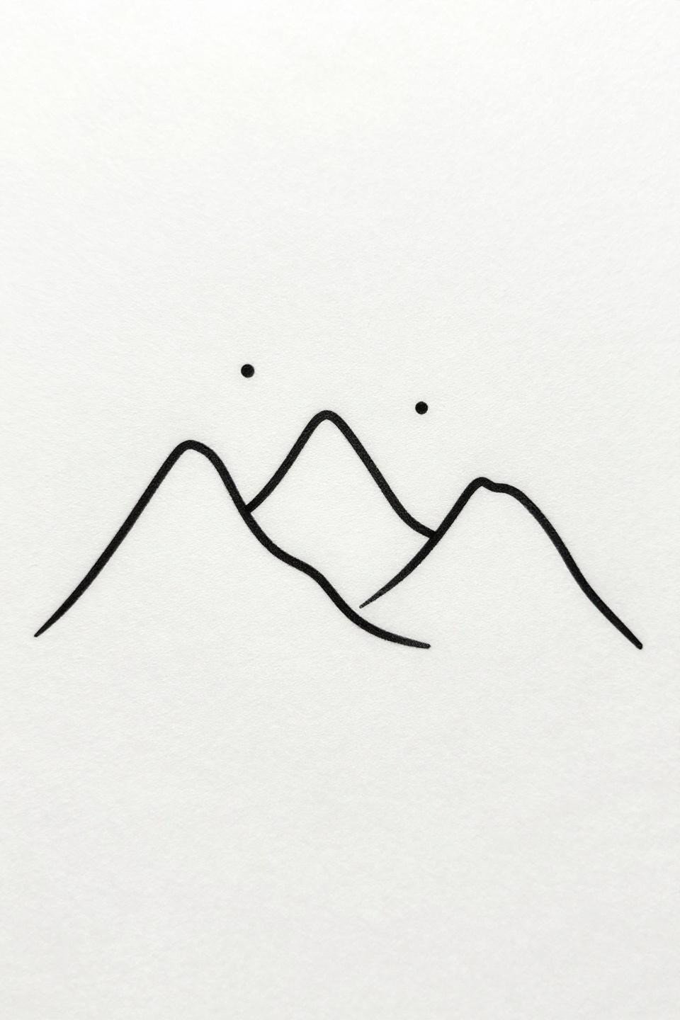 minimalist tattoo minimal single line mountain flash, three abstract peaks one unbroken hairline path, straight horizon base, three isolated star points in negative space, 0.5mm single-needle