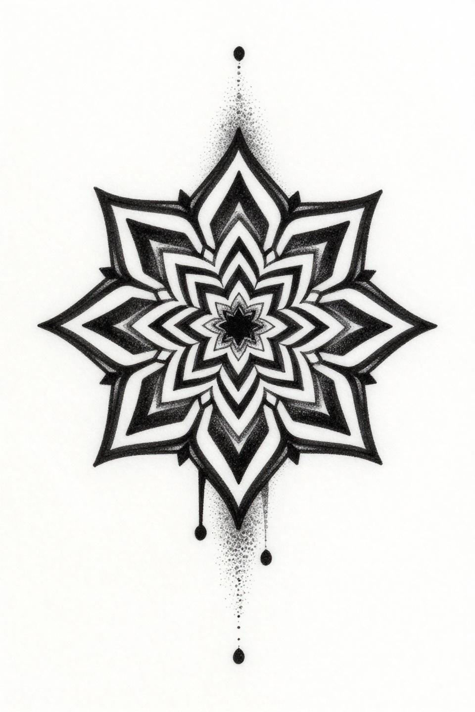 Mehandi designs aesthetic blackwork dotwork mehndi fusion mandala flash, asymmetrical 8-point fractured mandala stipple dot gradient 90 percent black density dissolving outward angular geometry fingertip lines