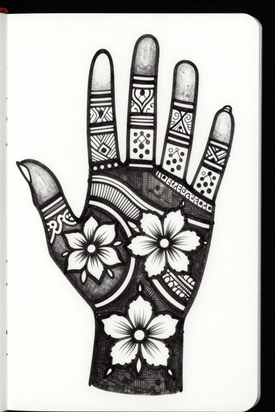 Mehndi designs aesthetic blackwork geometric flash, stacked rectangular black band clusters with carved white six-petal flower silhouettes, tight 1.5mm parallel line hatching fills, modern palm tattoo