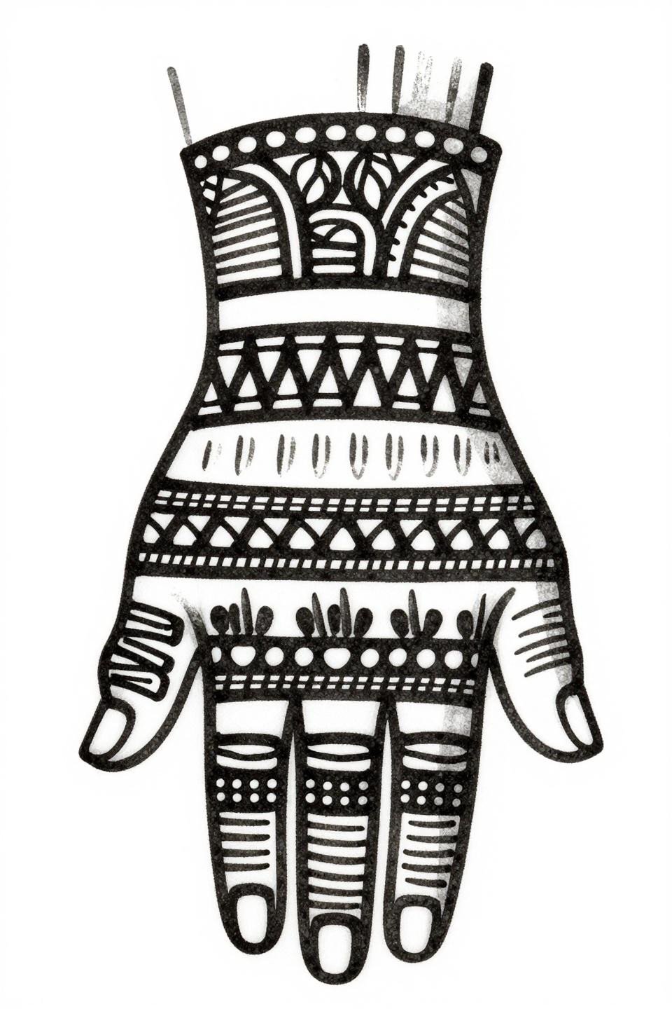 Latest simple mehndi designs blackwork wrist cuff tattoo flash, five stacked horizontal band parallel line hatching, bold 2.5pt outlines carved white void intervals, etching engraving style