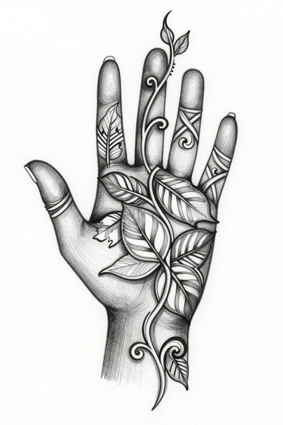 Fancy mehndi designs fine line botanical tattoo flash, asymmetrical vine lattice palm with curling tendrils carved leaf voids parallel hairline shading 0.3pt weight cool grey wash accent