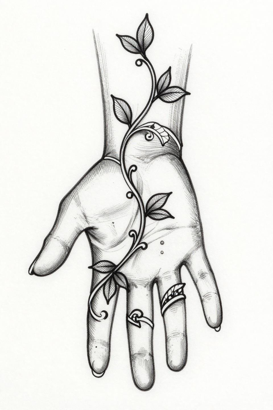 Latest simple mehndi designs asymmetrical fine line palm vine lattice tattoo flash, five-point leaf clusters 0.3pt hairline strokes parallel line shading finger trails single stroke tips no symmetry