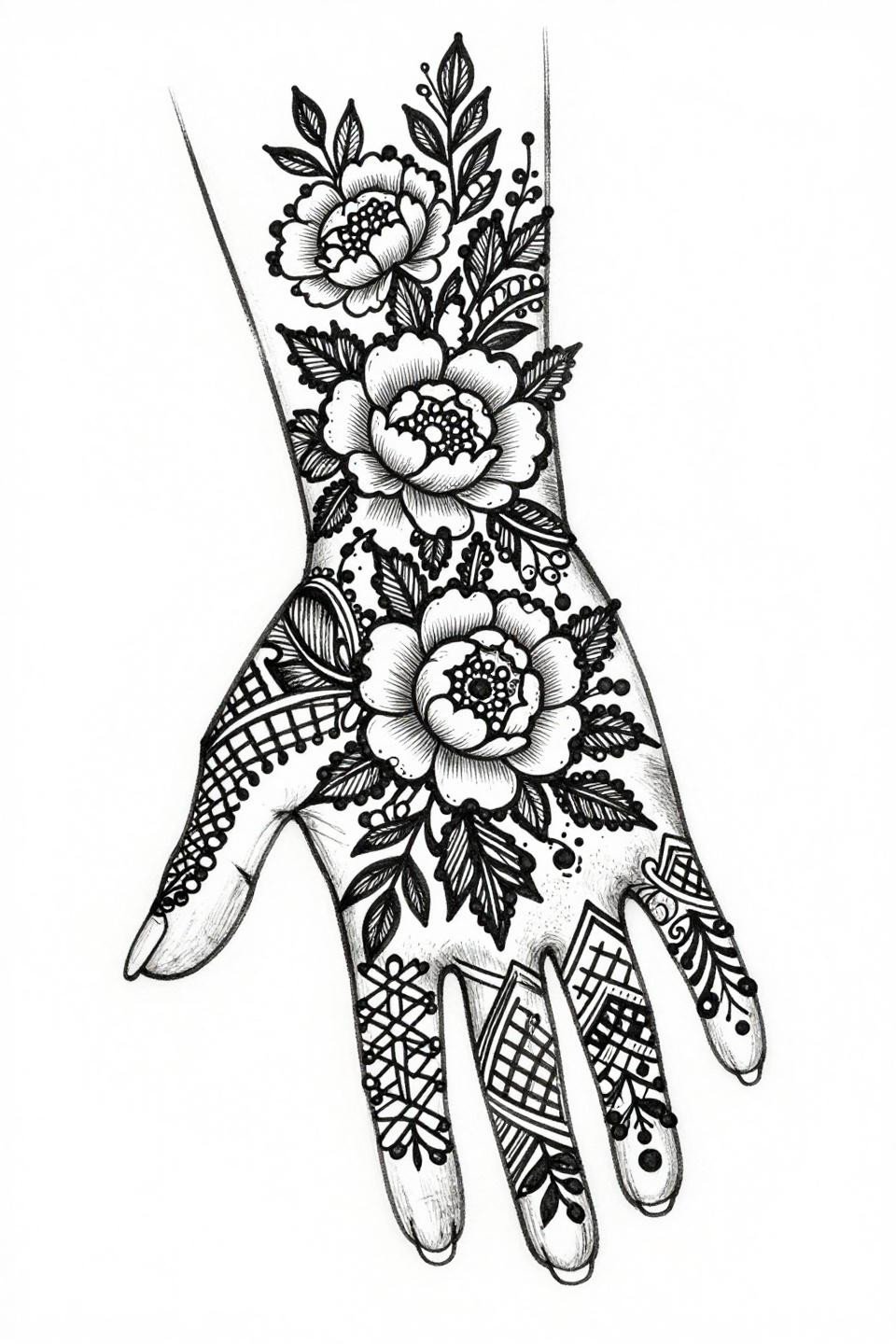 Fancy mehndi designs neo-traditional bridal full hand mehndi tattoo flash, cascading peony clusters seven-petal florals vine tendrils bold 2pt outlines whip shading palm center to fingertip spirals