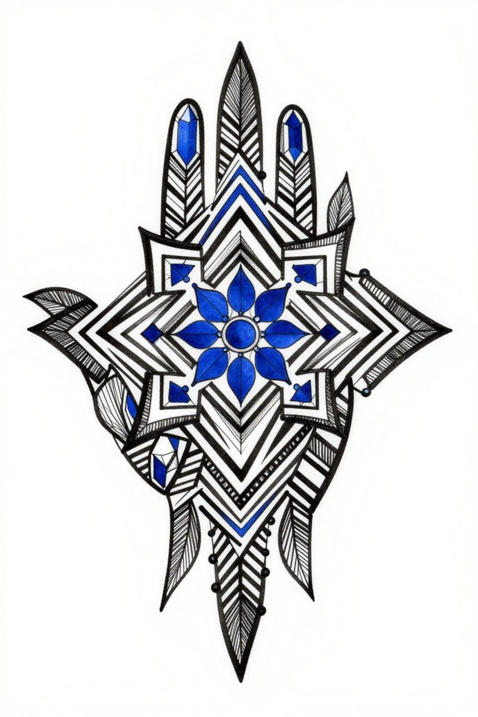 Aesthetic mehendi designs Art Deco geometric mehndi fusion tattoo flash, symmetrical bilateral diamond lattice palm cobalt blue black parallel line shading prismatic crystalline flower intersections