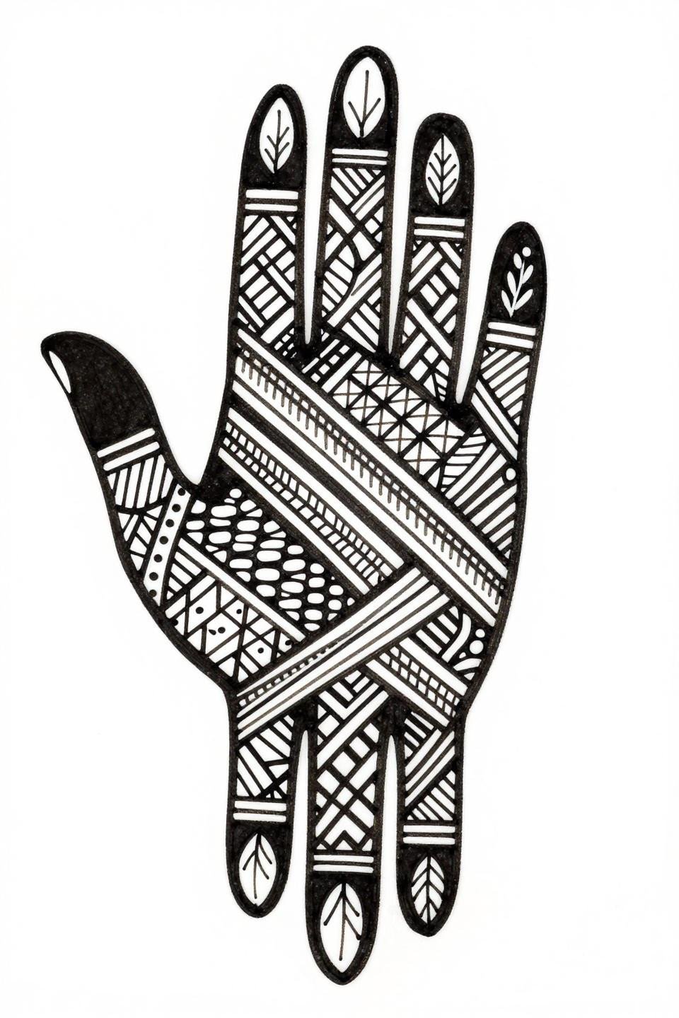 Trending mehndi designs blackwork geometric mehndi fusion tattoo flash, asymmetrical lattice bands diagonal palm flow botanical leaf white negative space carved from solid black 2mm parallel hatching