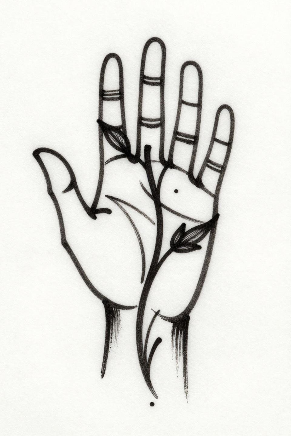 Elegant mehndi designs single continuous line geometric tattoo flash, hairline 0.3pt unbroken wrist to fingertip stroke with angular leaf branches, no fills no dots calligraphic precision