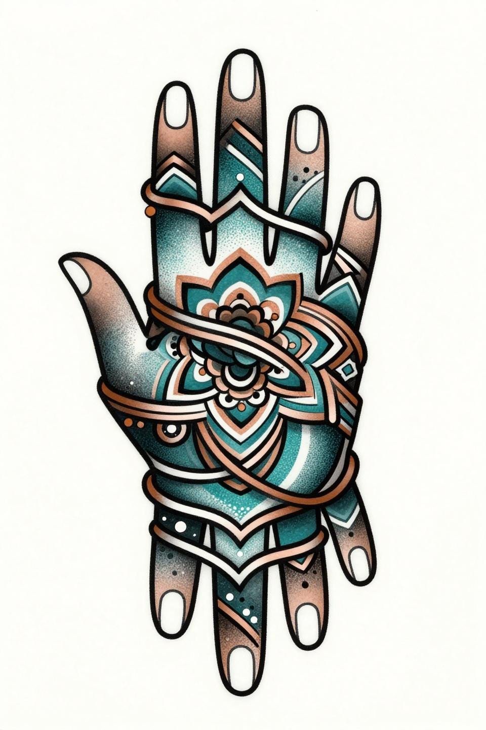Trendy mehndi designs Japanese mehndi fusion flash, stacked geometric finger bracelet rings with radiating dot mandala knuckle clusters, stipple gradients deep teal copper accent, tattoo reference