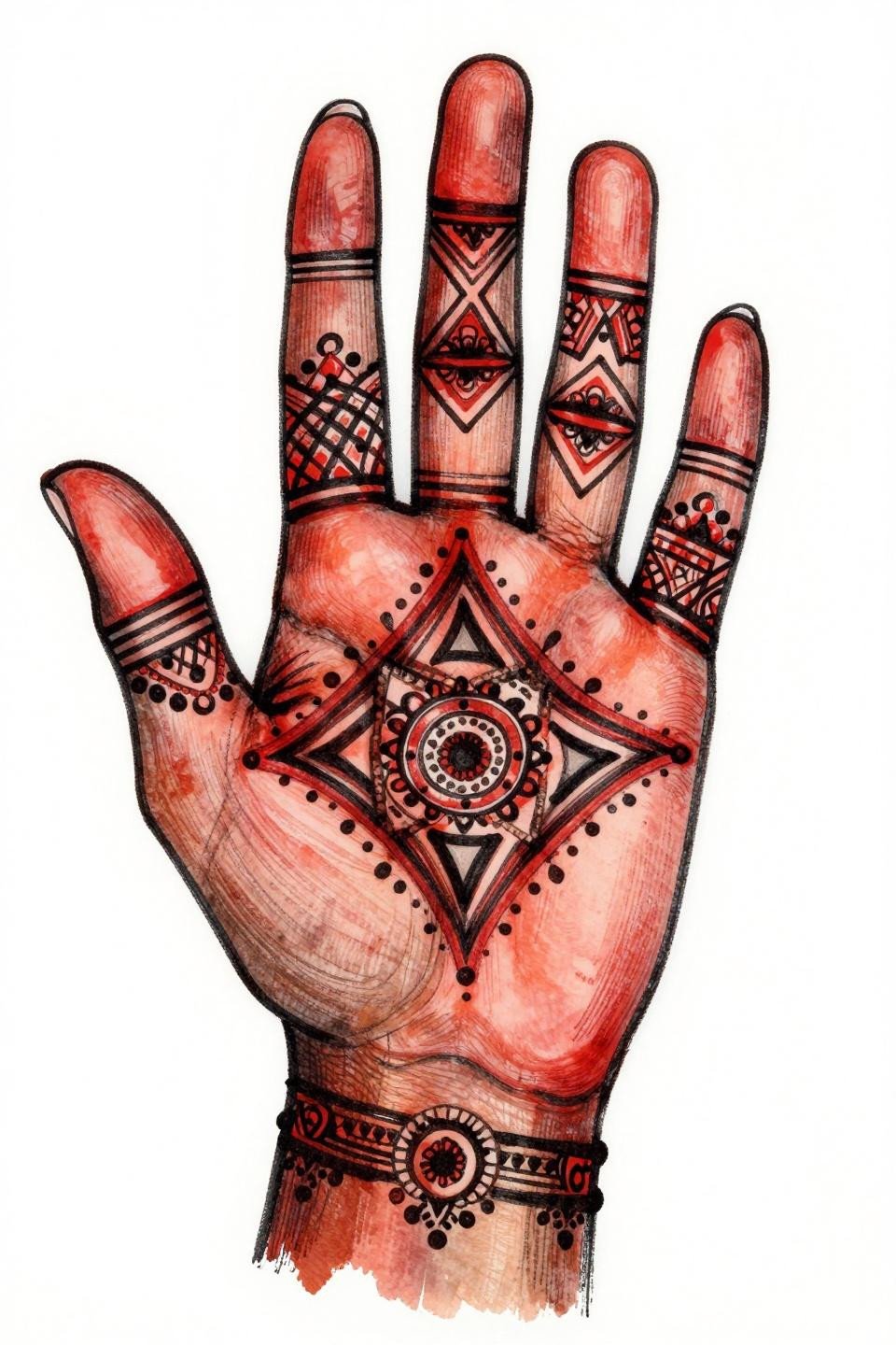 Trending mehndi designs ignorant style fusion tattoo flash, full palm geometric lattice inverted triangle negative space mandala knuckle rings, crimson red and black hand-drawn asymmetrical composition