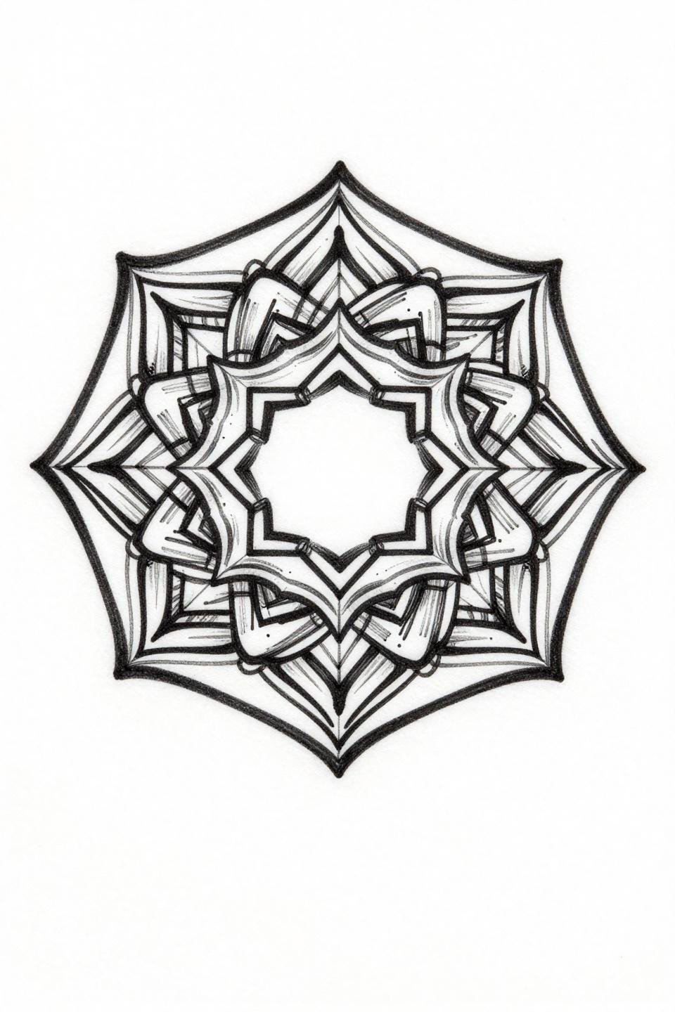 Trendy mehndi designs fine line geometric mehndi mandala tattoo flash, asymmetrical placement bold outer ring angular voids radial segments 0.3pt inner geometry 1.5pt outer boundary precision blackwork