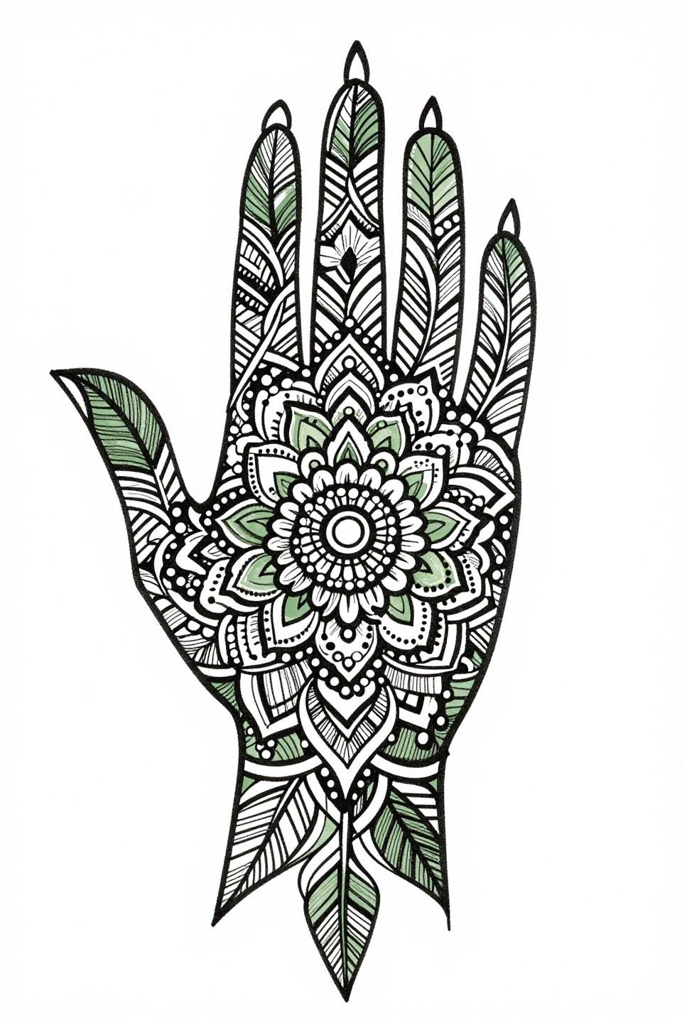 Modern mehndi designs front hand palm mandala tattoo flash, bilateral vine lattice with geometric mandala center, sage green accent and carved white negative space leaf voids, Art Nouveau fusion