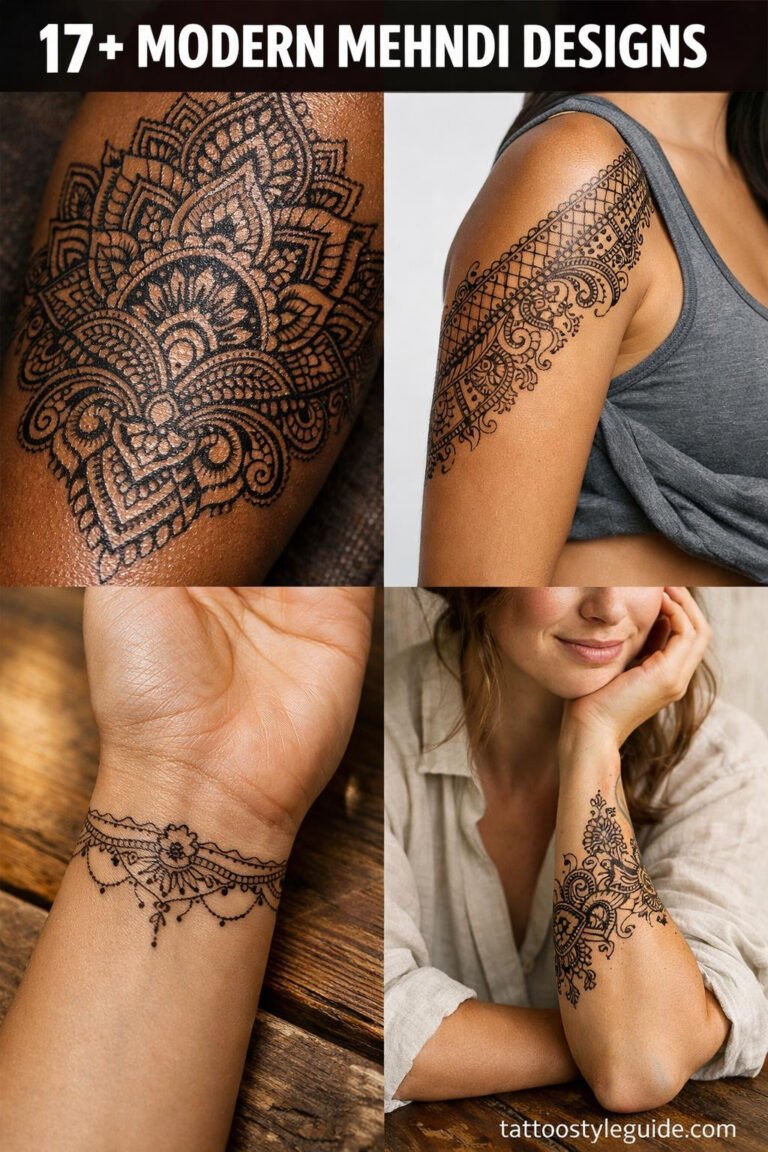 Modern mehndi designs tattoo collage showing fine line geometric patterns on forearms, wrists, and shoulders across multiple skin tones with intricate linework detail