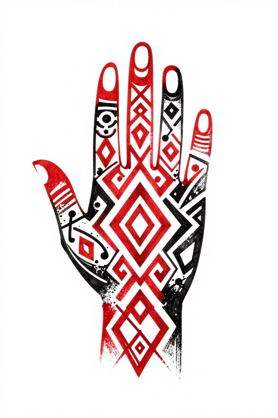 Cool mehndi designs trash polka mehndi fusion flash, asymmetrical finger line geometry with diamond cutouts fractured chevrons crimson red ink splatter bursts at geometric intersections blackwork