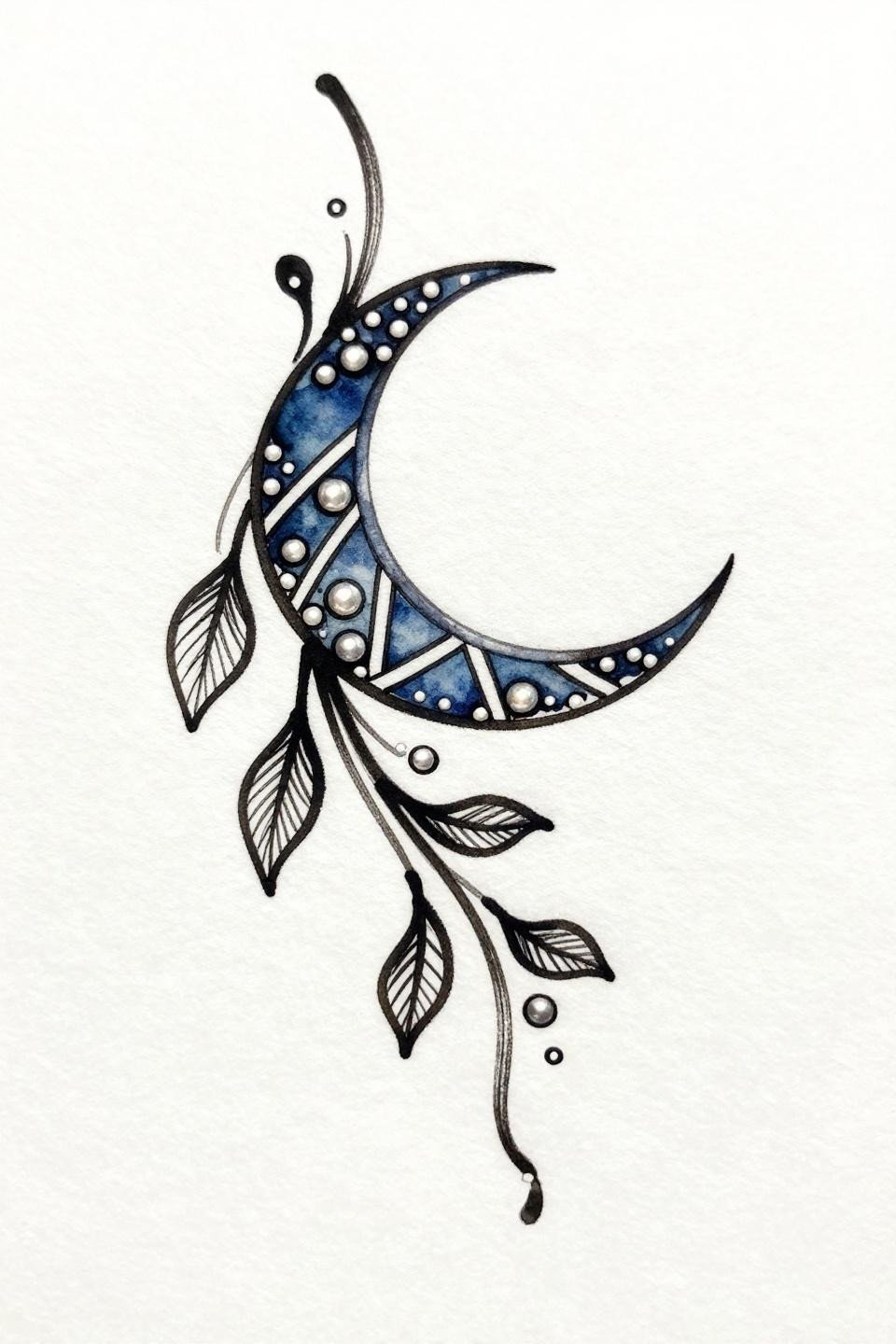 Stylish mehndi designs front hand vine lattice tattoo flash, crescent moon negative space cutouts pearl dot clusters deep indigo wash pooling 0.8pt organic brush linework palm to fingertip