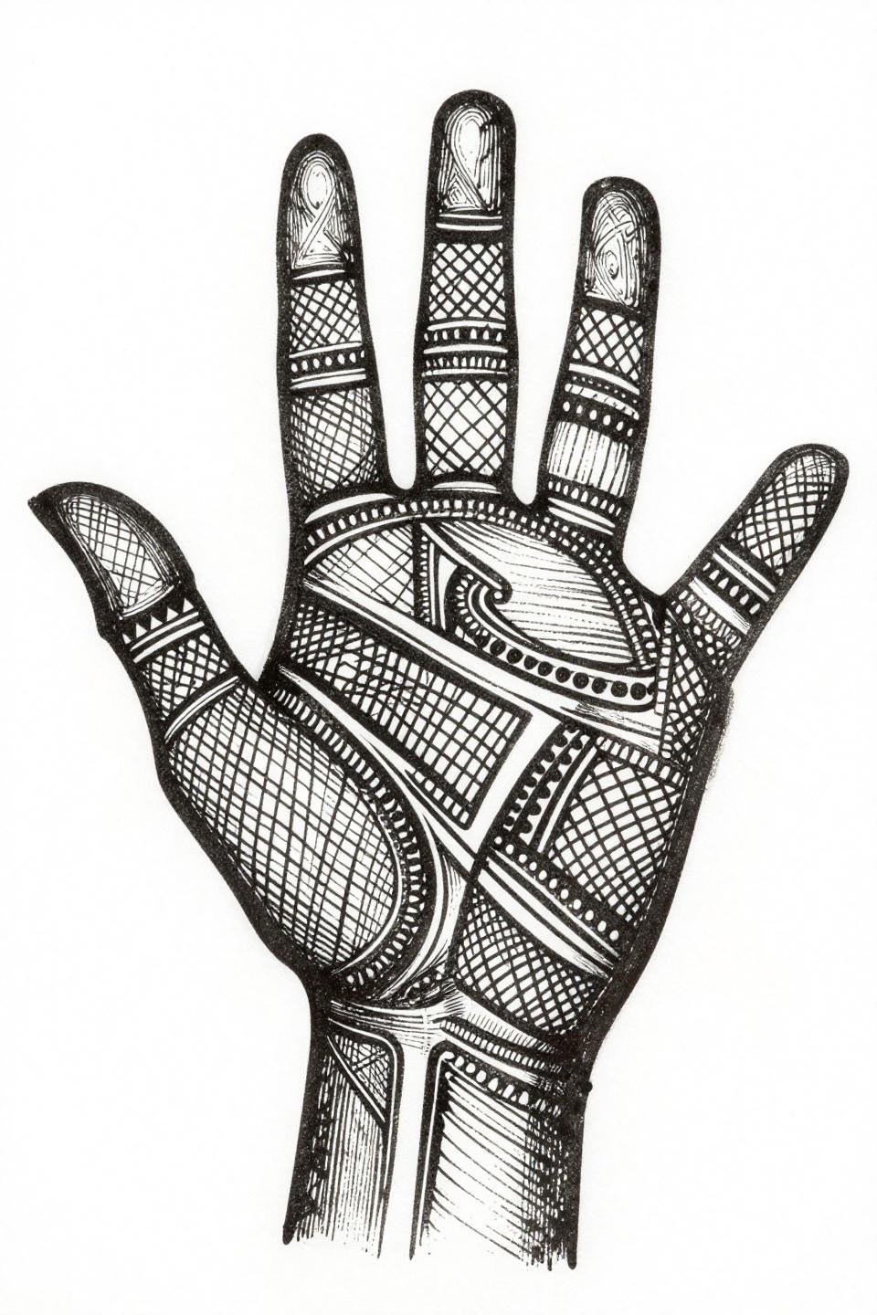 Aesthetic mehndi designs woodcut etching tattoo flash, asymmetric full palm linear crosshatch from 90 percent density at wrist to open carved voids mid-palm, angular finger bands pure blackwork
