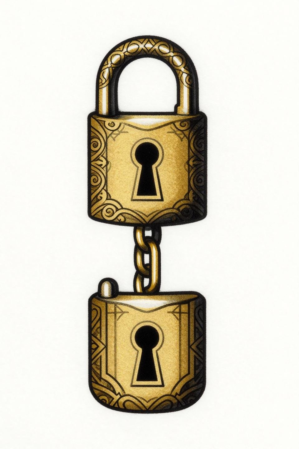 mother daughter tattoos Art Deco padlock flash, filigree swirl and geometric panels, flat gold and solid black fills, single chain link connection, compass-drafted vector linework