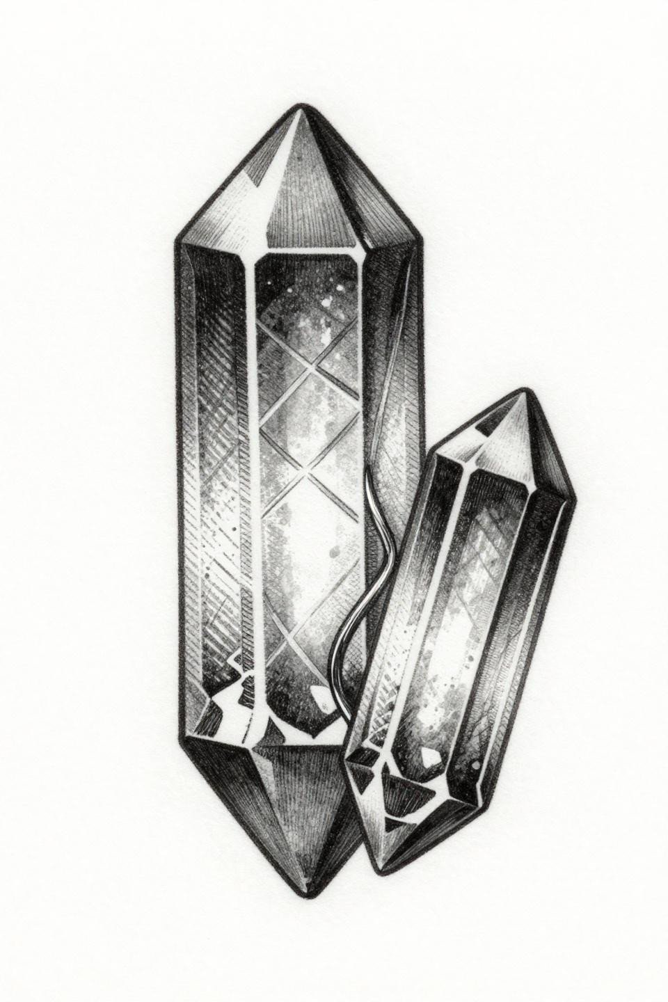 mother daughter tattoos etching woodcut birthstone crystal flash, eight-facet and four-facet vertical stack, parallel line engraving crosshatch shading, diamond frame containment