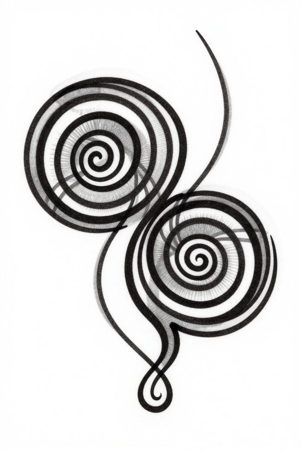 mother daughter tattoos blackwork geometric fingerprint whorl flash, bold outlines, dense center spiral, circular mandala frame, grey wash midtones